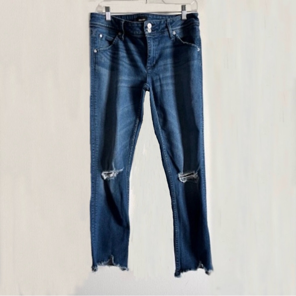 Hudson Collin skinny crop jeans distressed chewed hem | 30